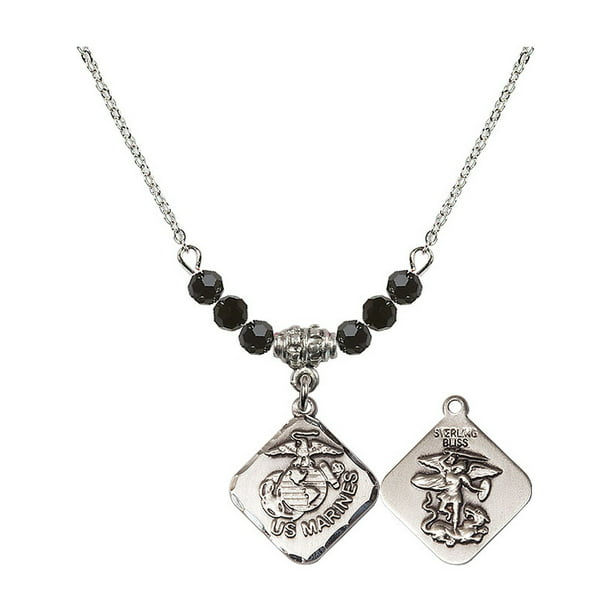 18-Inch Rhodium Plated Necklace with 4mm Sapphire Birthstone Beads and Sterling Silver Saint Winifred of Wales Charm. 